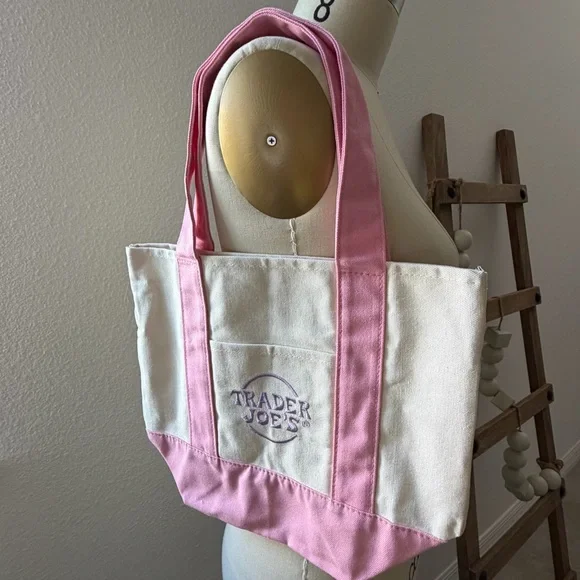 Trader Joe’s Limited Edition Pastel Mini Pink and Cream Canvas Tote Bag - Picture 12 of 16